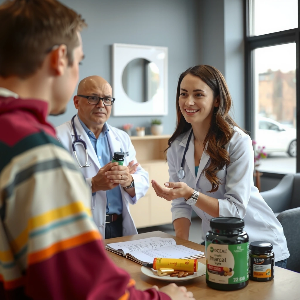 Nutricionista profesional consultando con paciente sobre suplementos