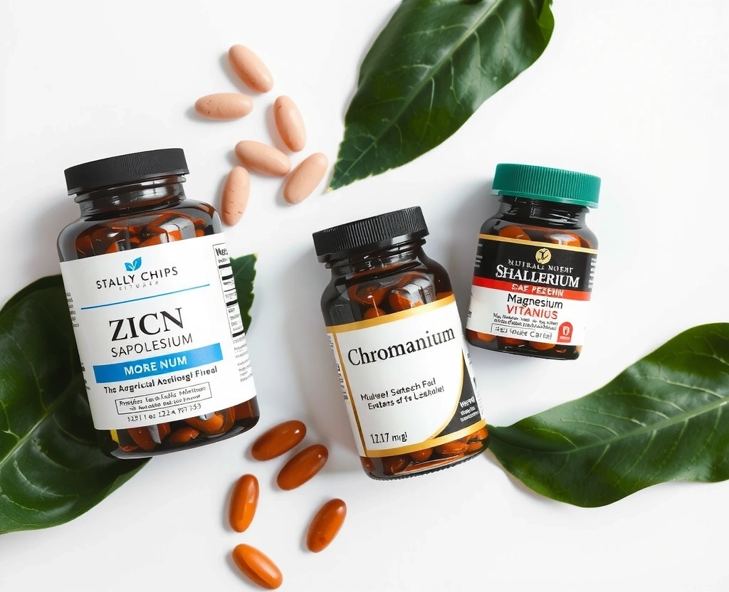Suplementos naturales: vitaminas, zinc, cromo y magnesio en productos de bienestar